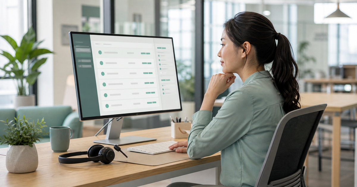 A support agent reviewing an AI-assisted ticket queue on a monitor