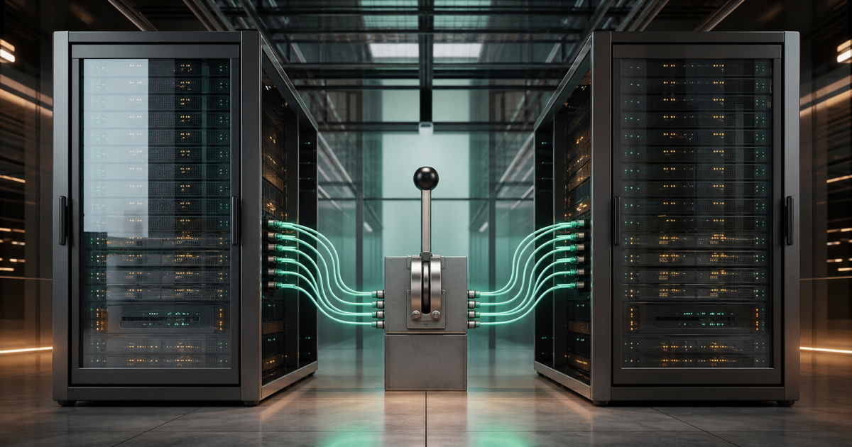 Two database servers connected by a data pipeline with a live traffic switch between them