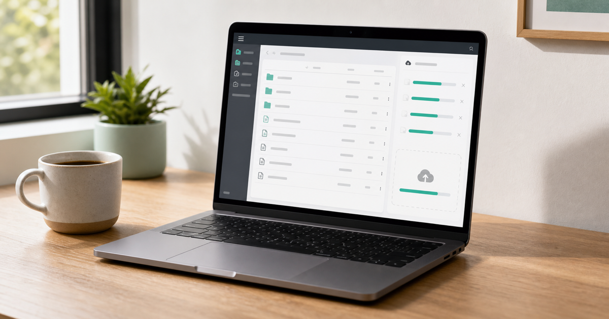 A laptop showing a React app being uploaded to a web hosting panel