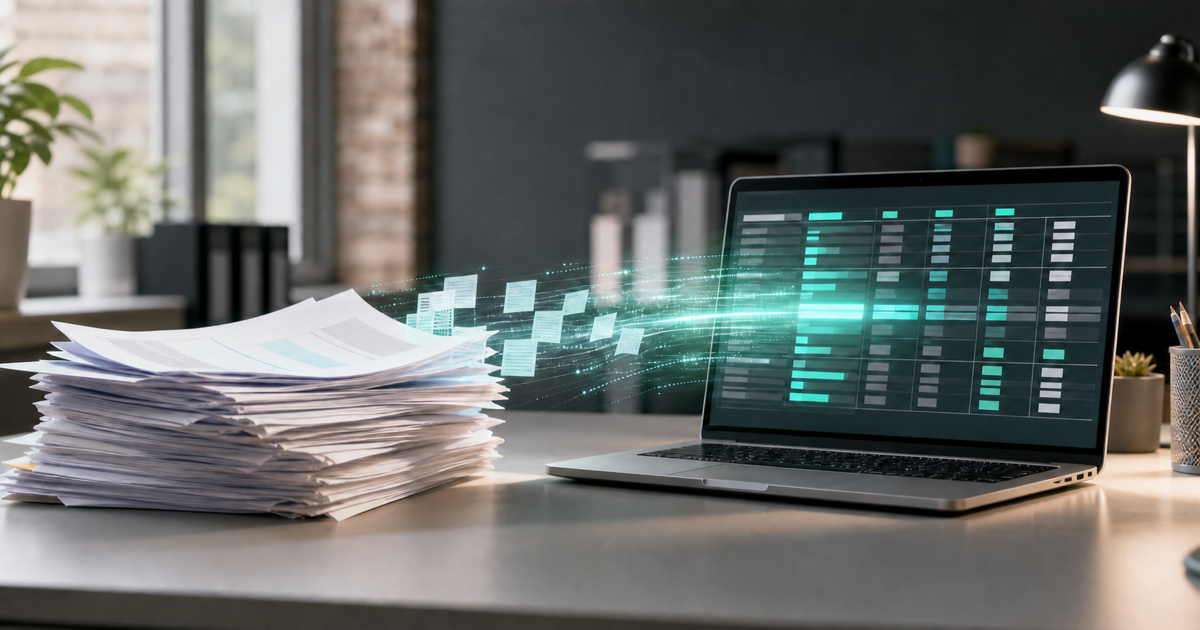 A stack of paper documents transforming into structured data rows on a screen