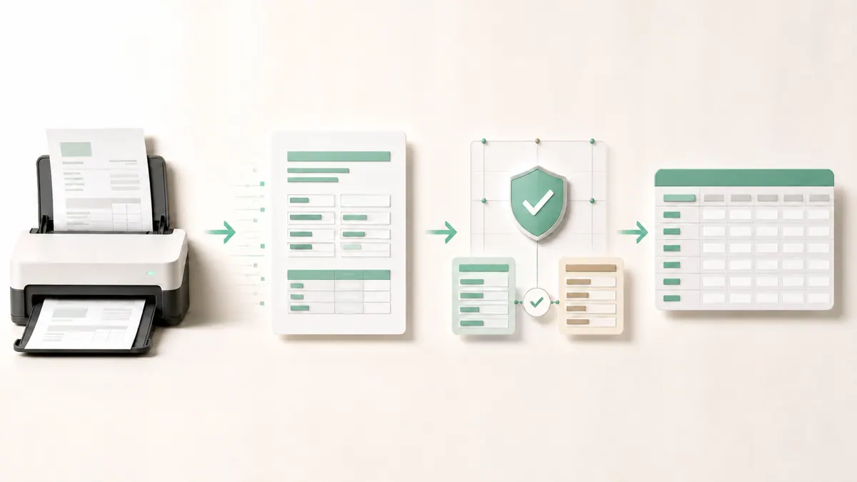 A four-stage pipeline turning a scanned document into validated structured data