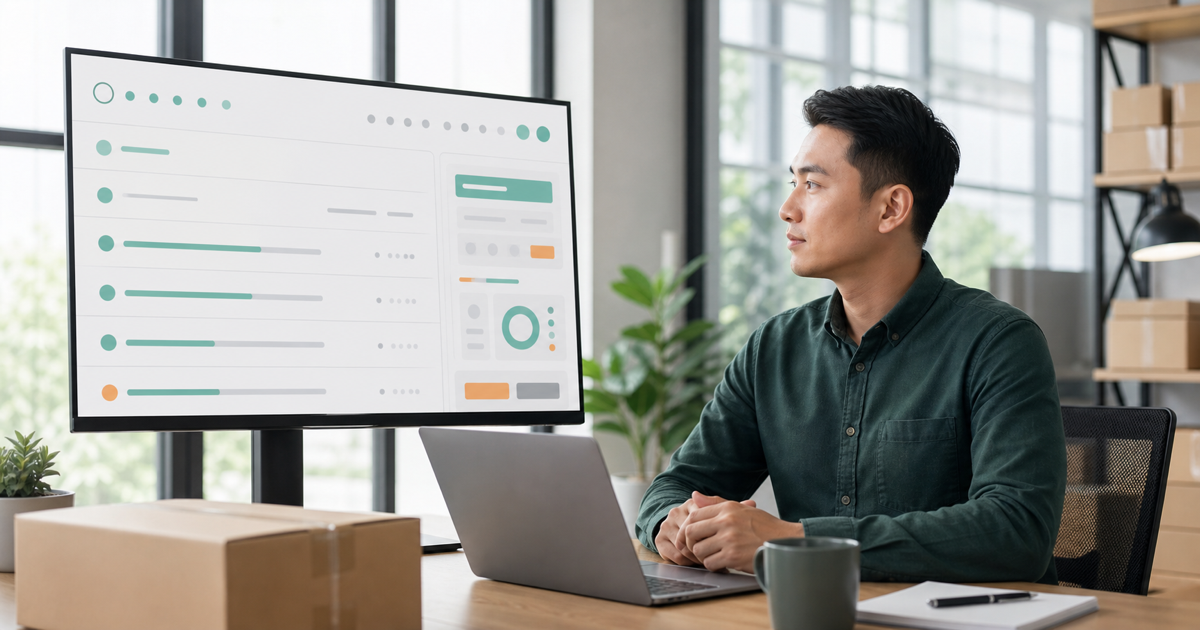 A warehouse operations manager reviewing order fulfillment status on a screen