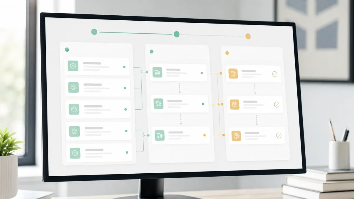 An operations dashboard showing orders moving through validation, routing, and fulfillment stages