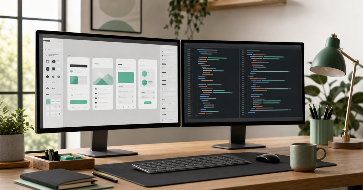 A design file on one screen and matching generated interface code on another