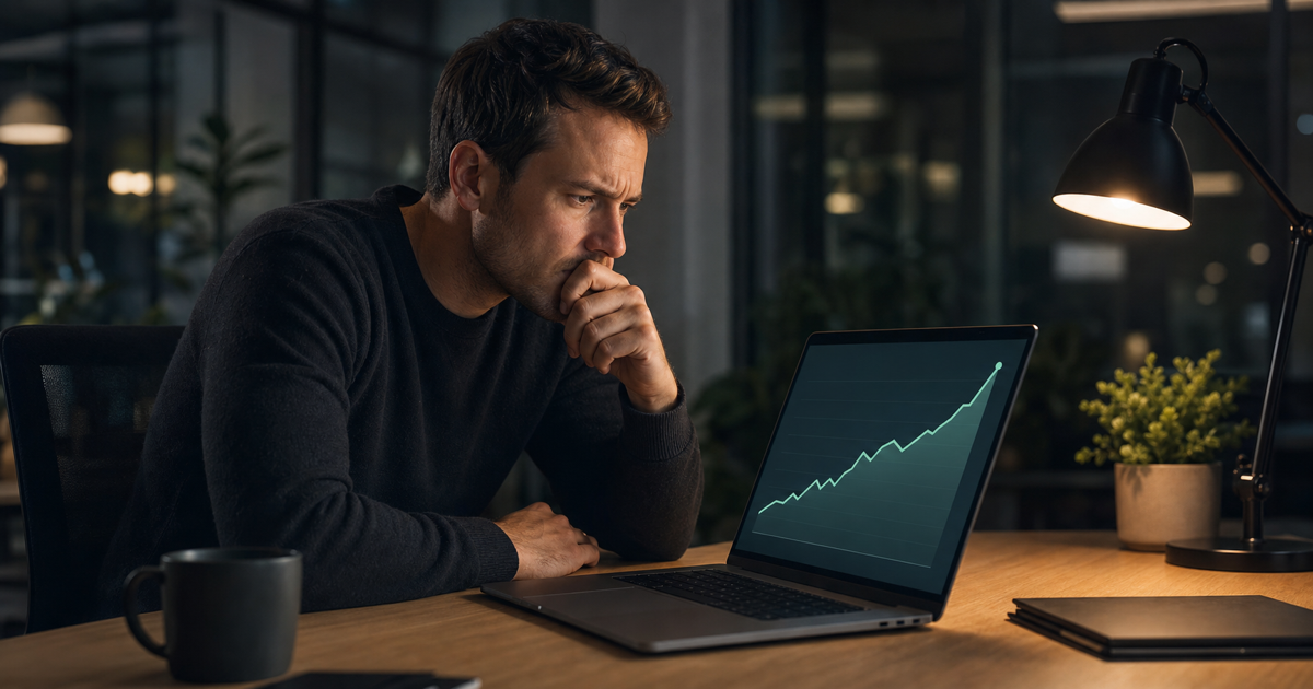 A founder reviewing a rising cost chart on a laptop with concern