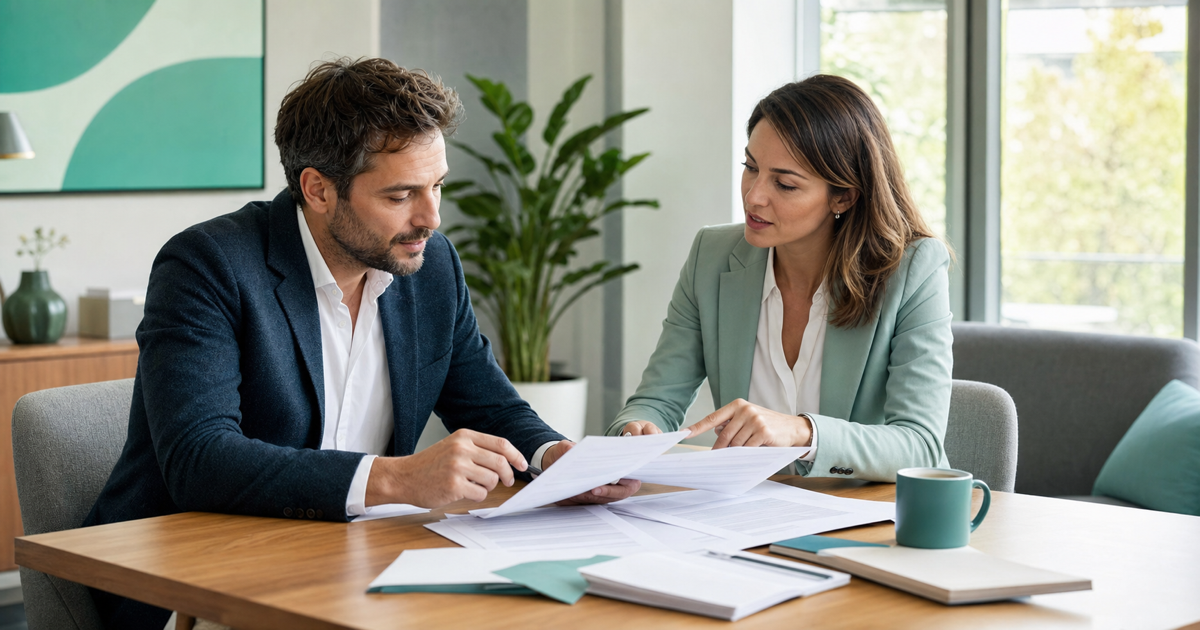 A founder and an agency lead comparing project contracts across a table