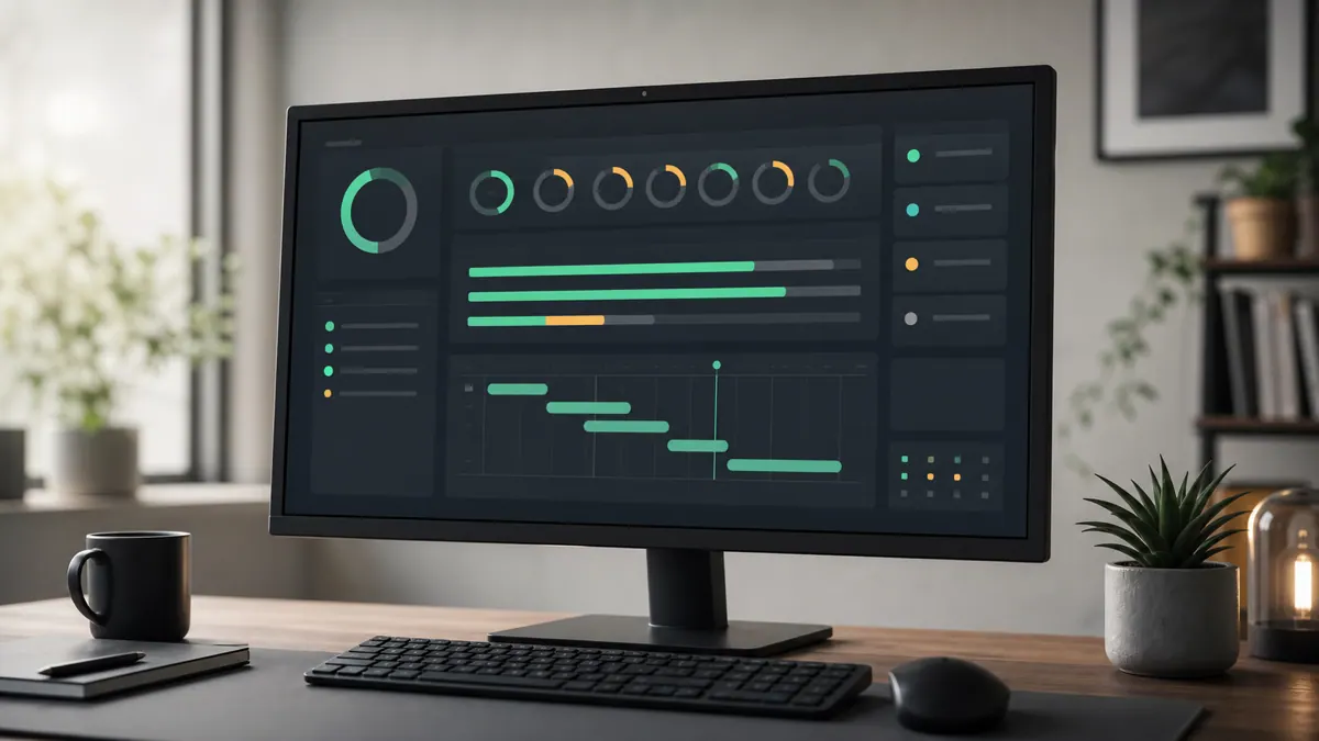 A dashboard showing tracked hours and sprint progress on a screen
