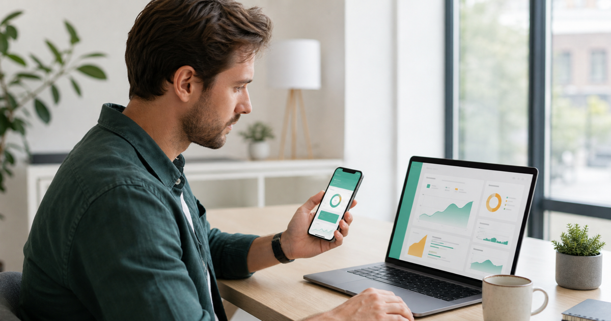 A founder comparing a mobile app design and a web app dashboard on two screens