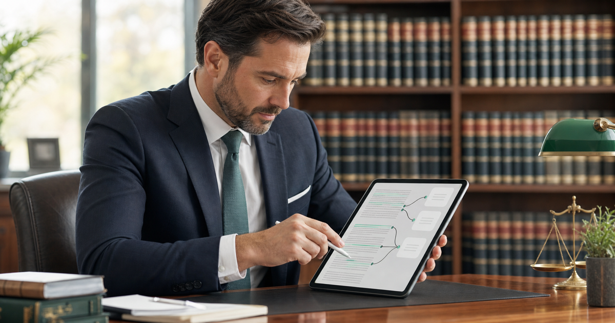 A lawyer reviewing an AI-assisted document with cited sources on screen