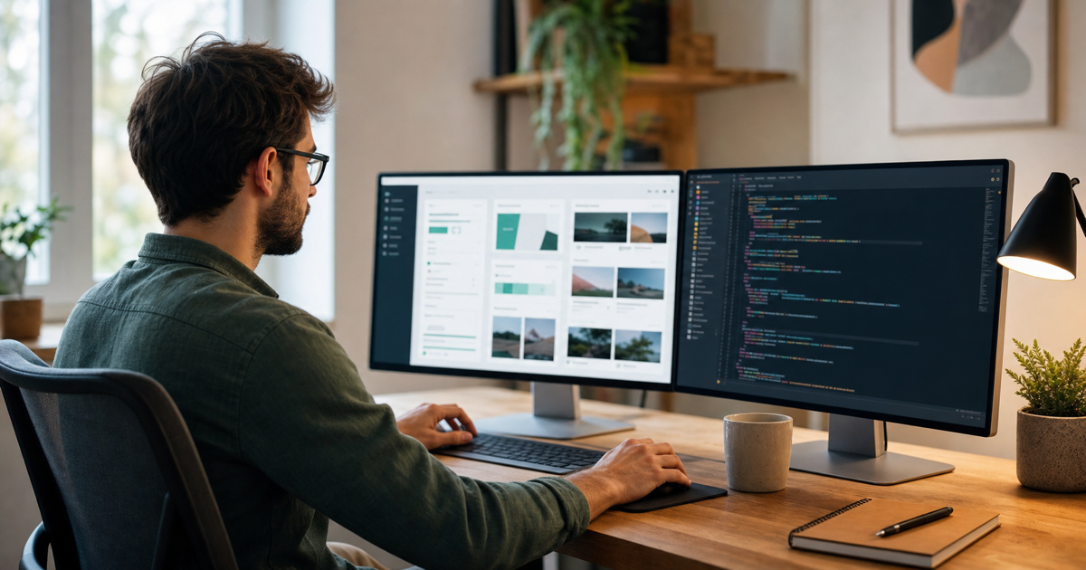 A developer building a website with a content dashboard and code editor side by side