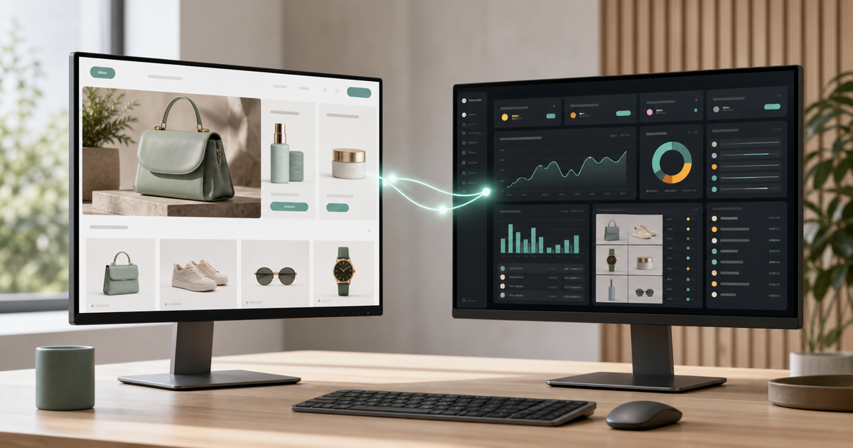 A custom storefront front-end on one screen connected to a Shopify admin on another, representing headless commerce