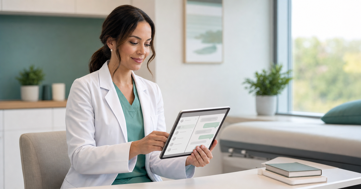 A healthcare professional reviewing a secure patient chat interface on a tablet in a clinic