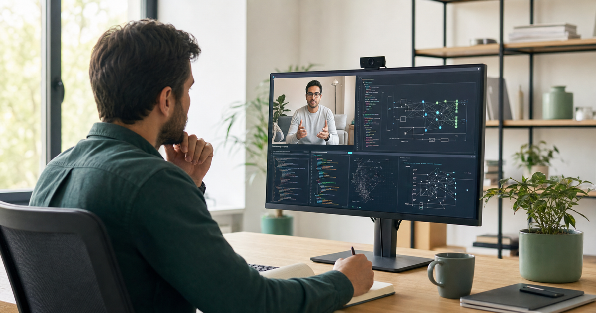 A founder interviewing an AI developer with model architecture diagrams on screen