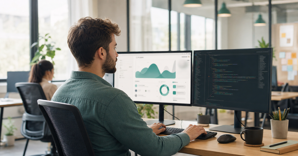 A full stack developer working across frontend and backend code on a dual-monitor setup