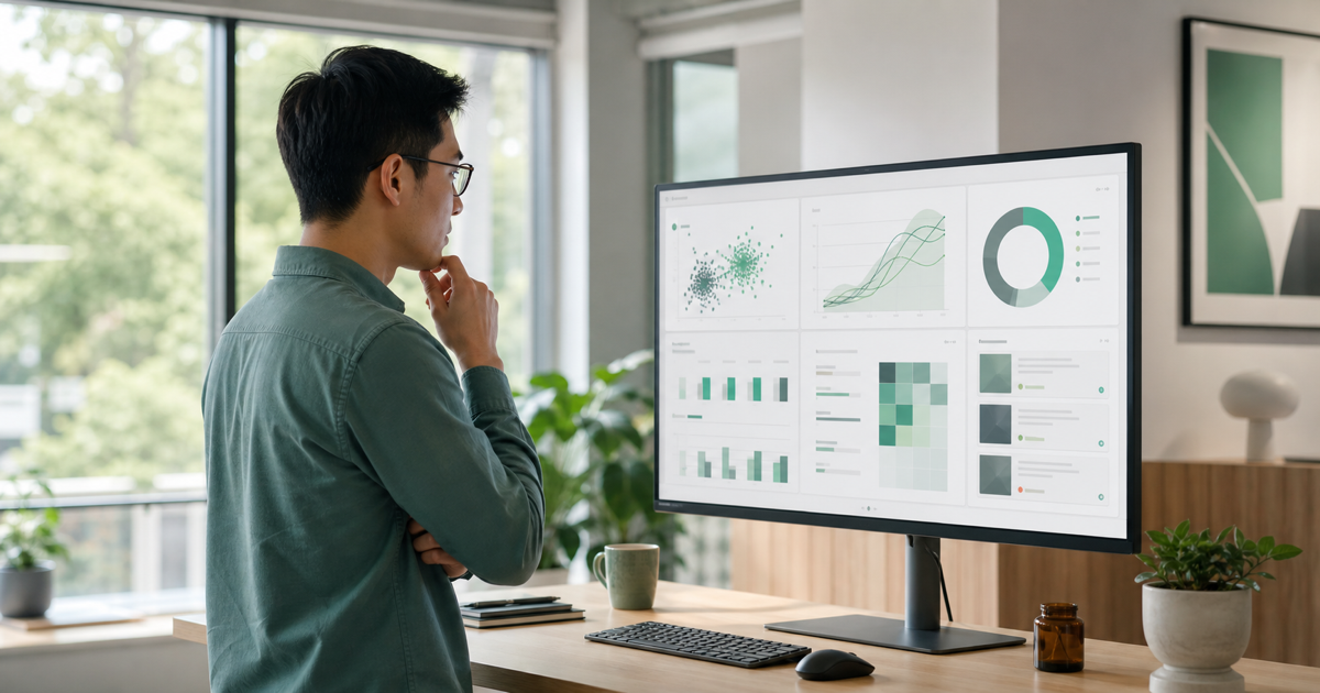An AI engineer reviewing model evaluation results on a monitor in a modern office