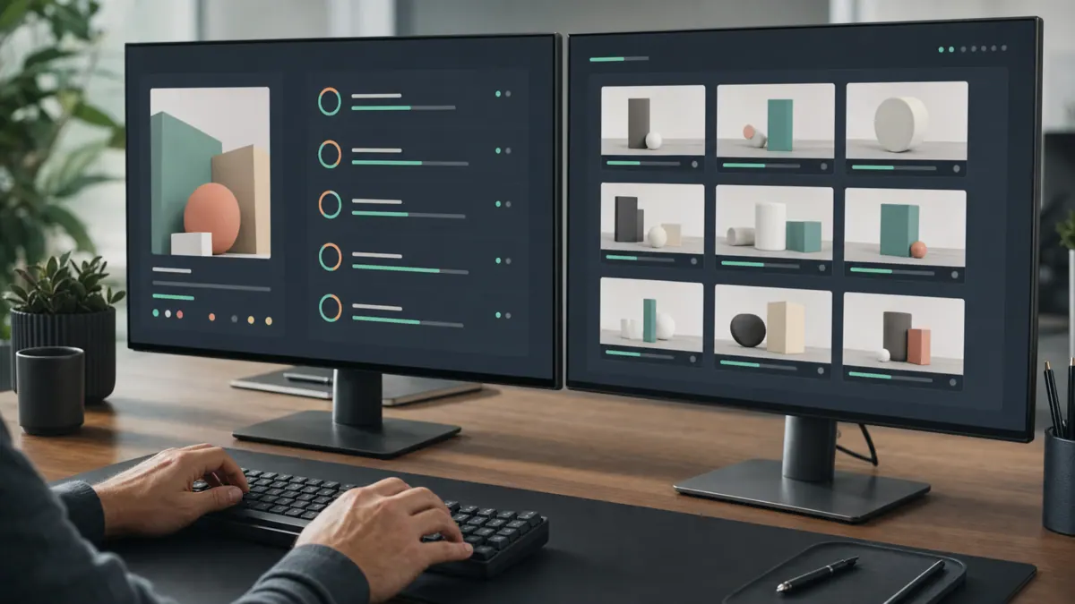 An engineer comparing model evaluation scores and retrieval results across two monitors