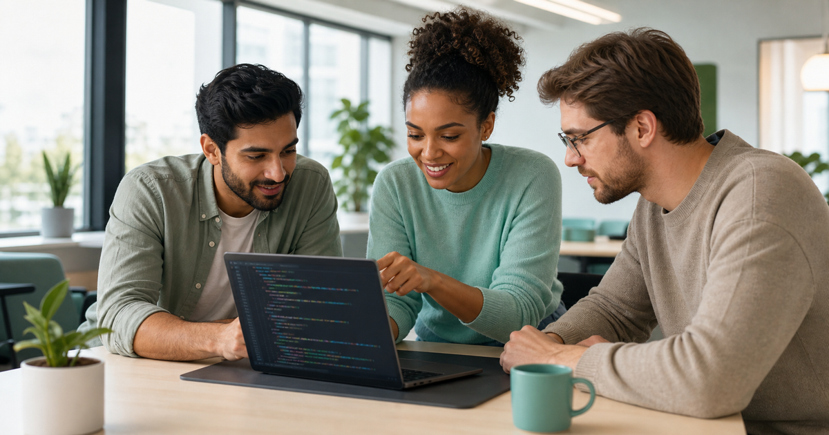 A small full-stack JavaScript team collaborating around a laptop in a modern office