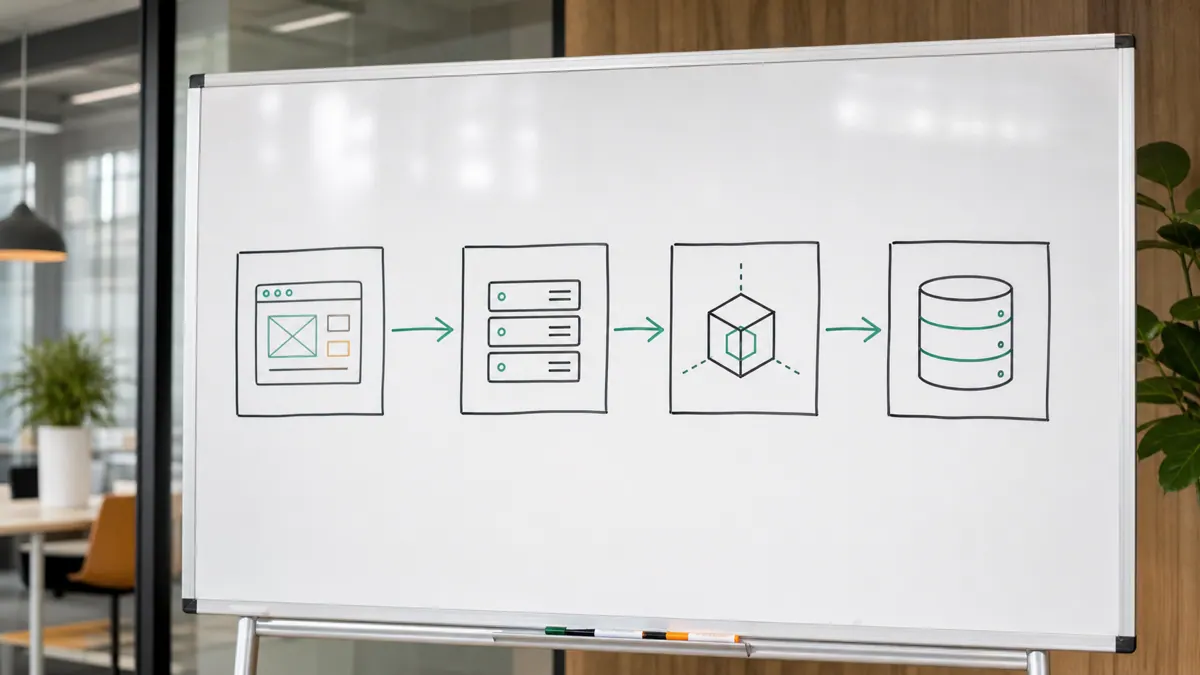 A whiteboard sketch of a MERN architecture linking React, Express, Node, and MongoDB