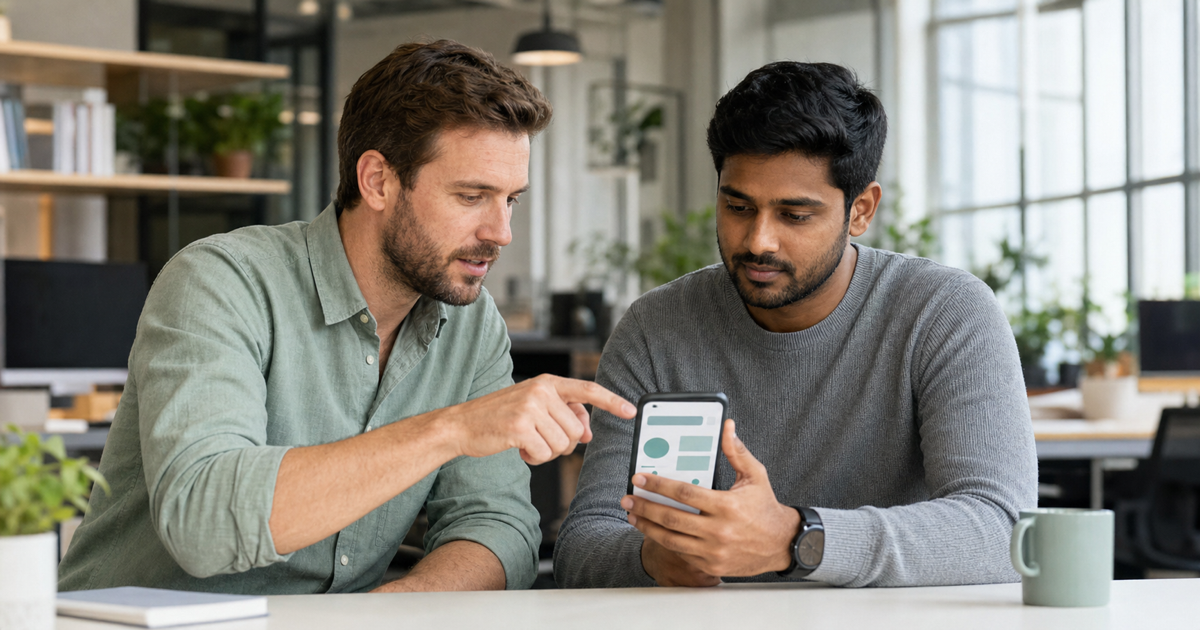 A founder reviewing a mobile app prototype on a phone with a developer