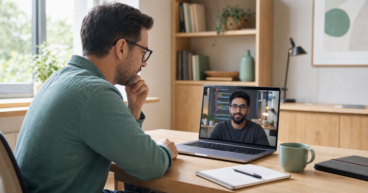 A founder interviewing a React developer over a video call with code on screen