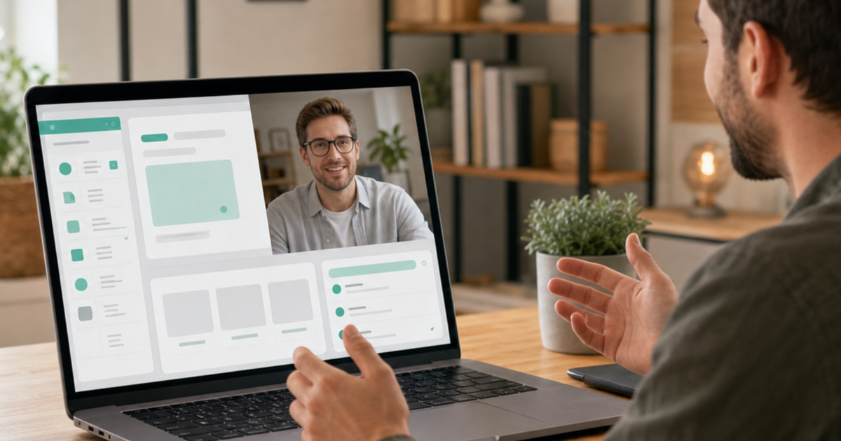 A founder interviewing a Vue.js developer over a video call with a component tree on screen