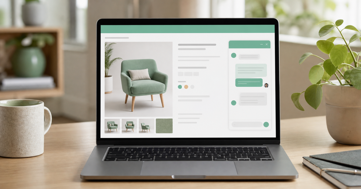 An online store on a laptop with a chat window helping a shopper