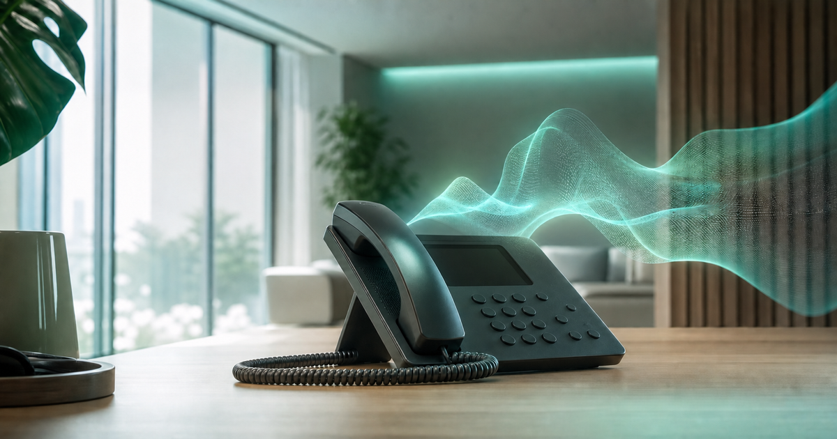 A business phone on a desk with a soft glowing sound wave
