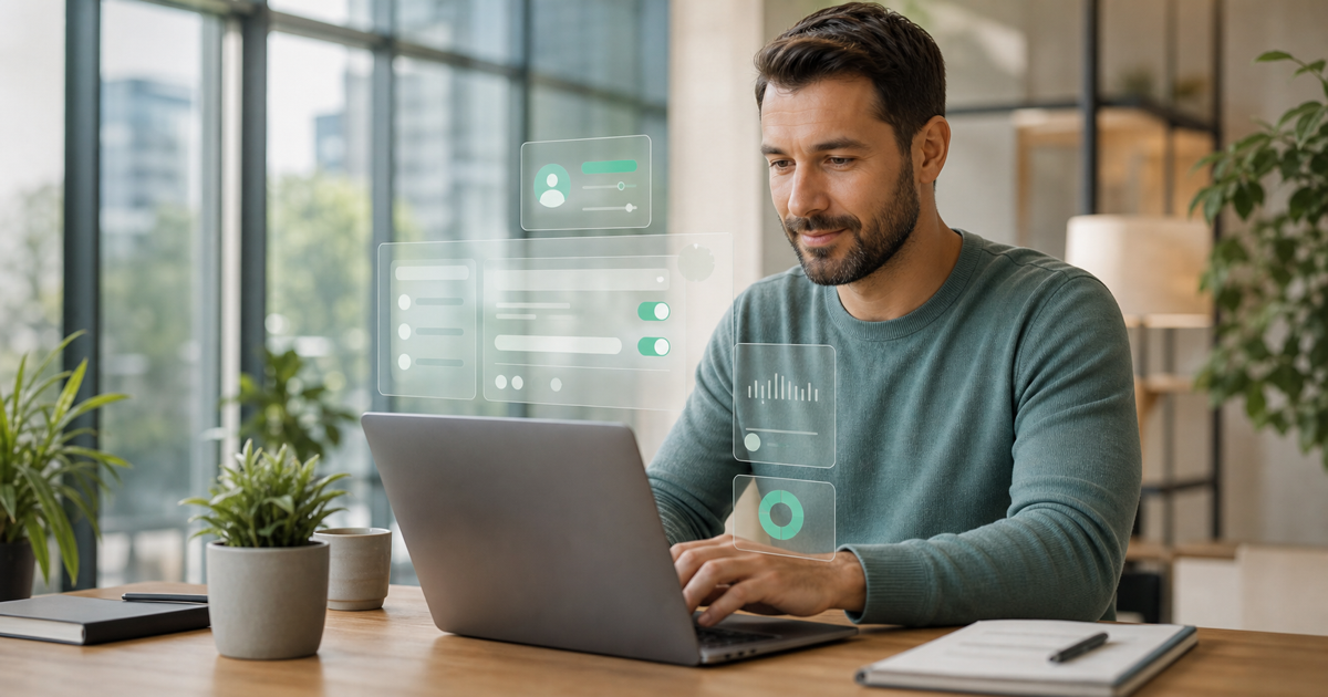A team member configuring a custom AI assistant on a laptop in a bright office