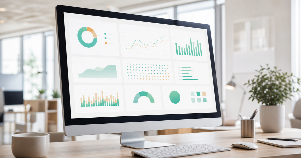 A clean SaaS analytics dashboard with charts and KPIs on a monitor