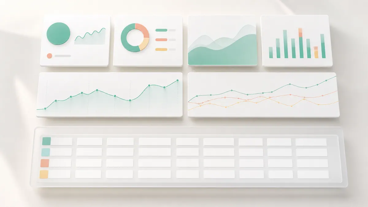 A SaaS dashboard laid out with large KPI cards on top, trend charts in the middle, and a data table below