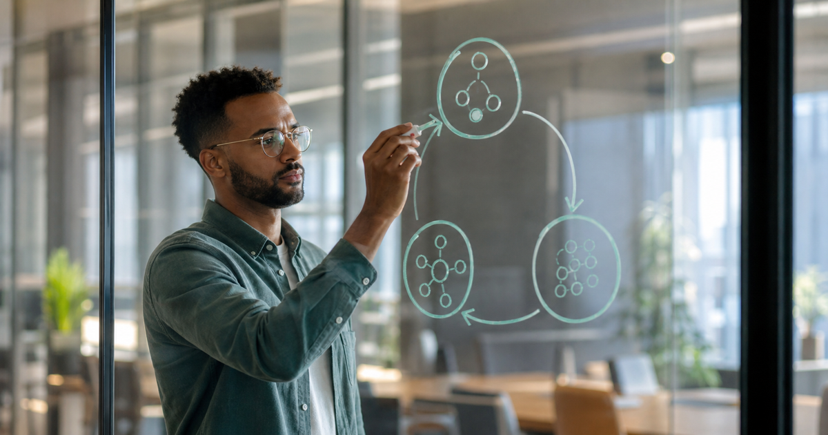 A software engineer diagramming an AI agent loop on a glass wall