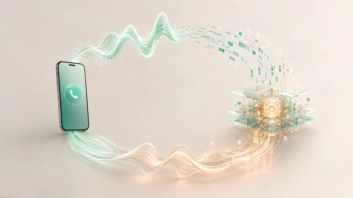 Concept illustration of a phone exchanging audio with an AI system