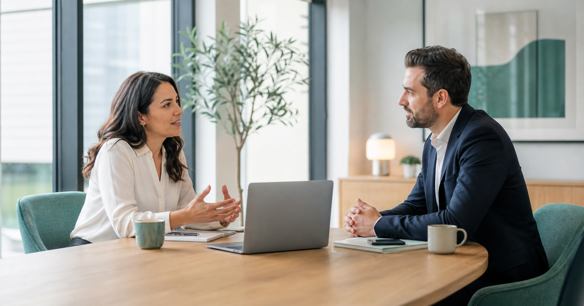 A business owner interviewing a vendor across a table with a laptop open