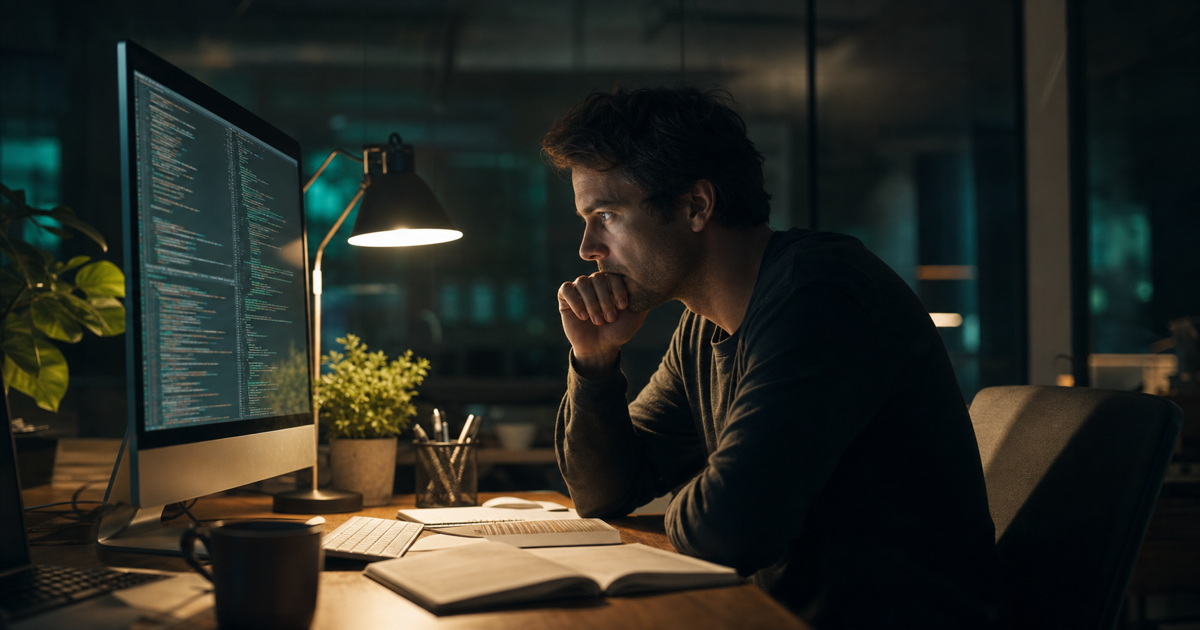 A founder looking at an unfamiliar codebase on a screen with no documentation, trying to make sense of it