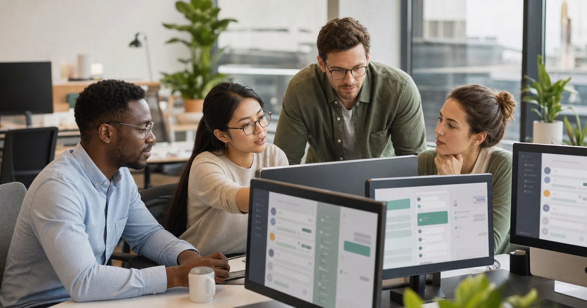 A support team comparing customer messaging dashboards on several screens