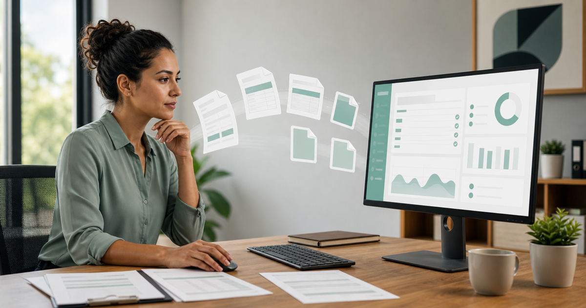A finance team member reviewing invoices flowing automatically into accounting software