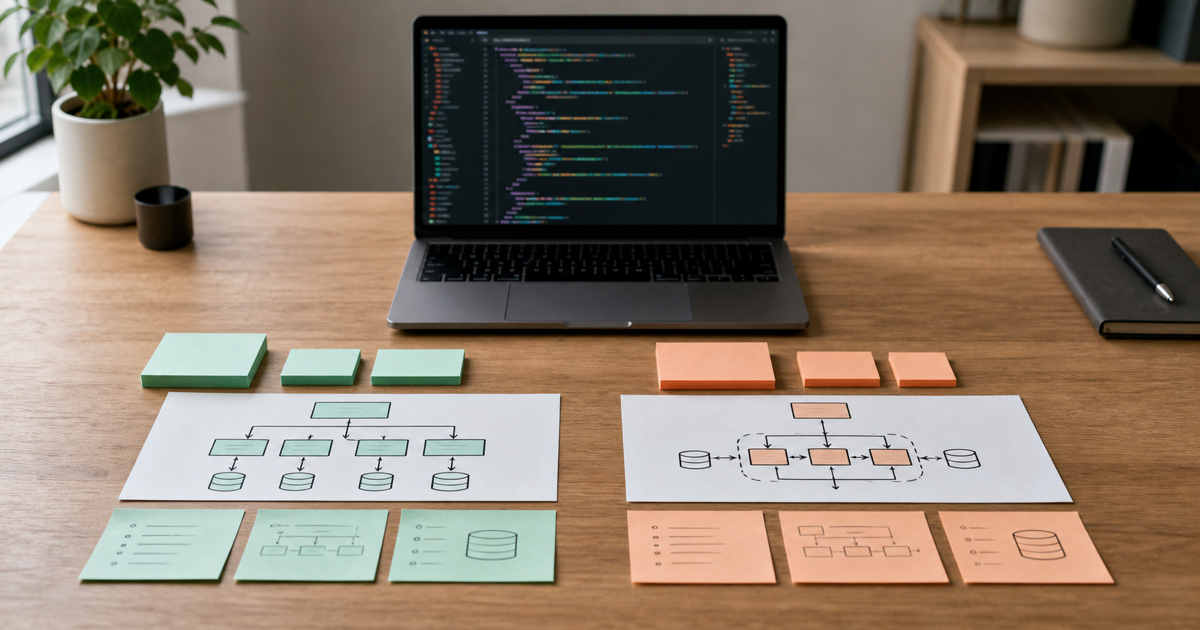 Two software frameworks compared on a developer workspace with a laptop and notes