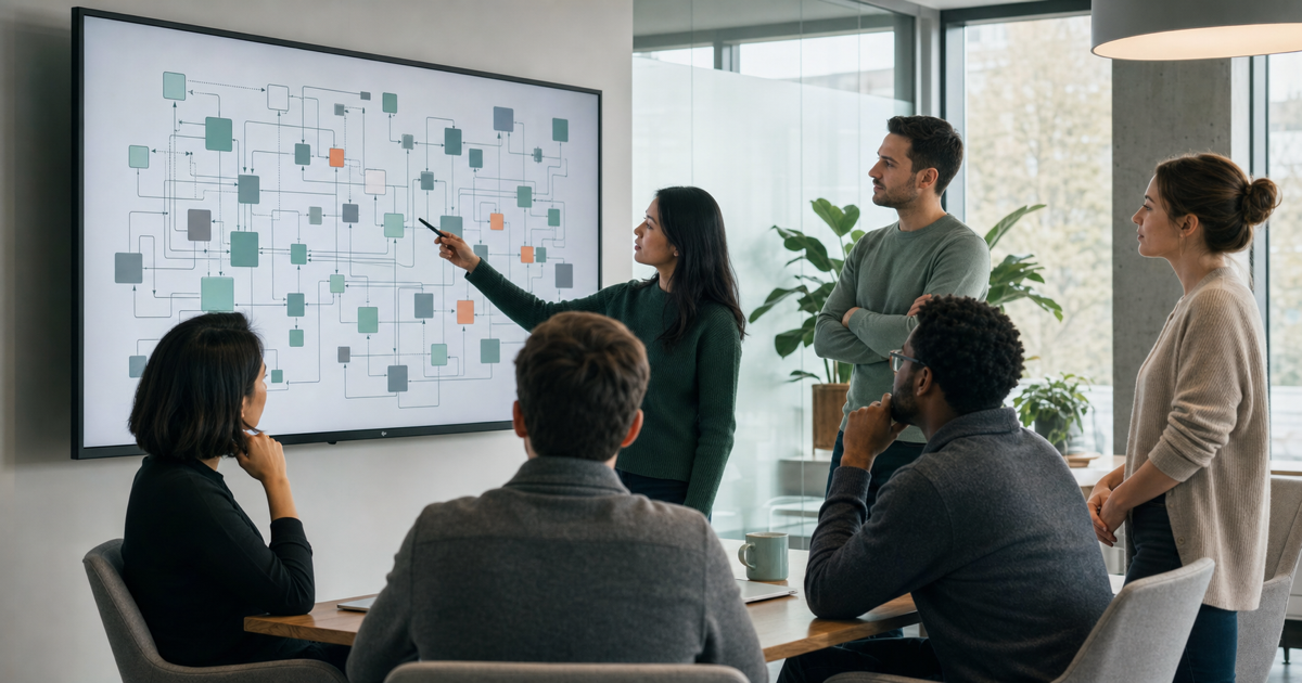 An engineering team reviewing an architecture diagram of an aging software system on a large screen