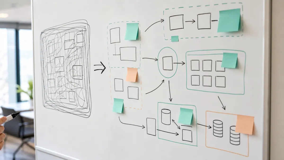 A migration plan on a whiteboard showing an old system gradually replaced module by module