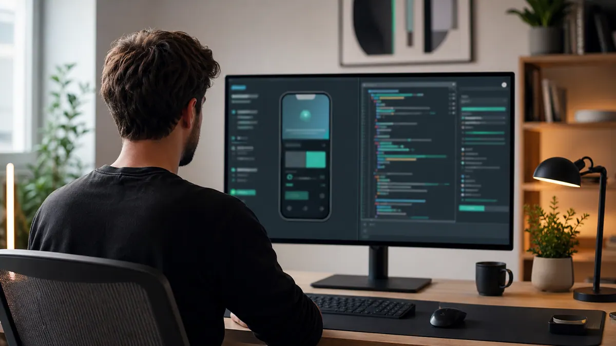 A founder watching an app being generated from a text prompt, with code and a live preview side by side