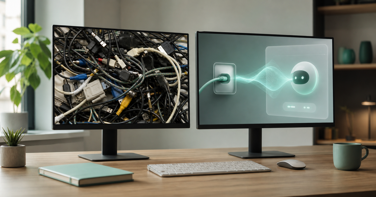 Two connectors side by side on a screen — a raw API cable and a standardized MCP port feeding an AI assistant