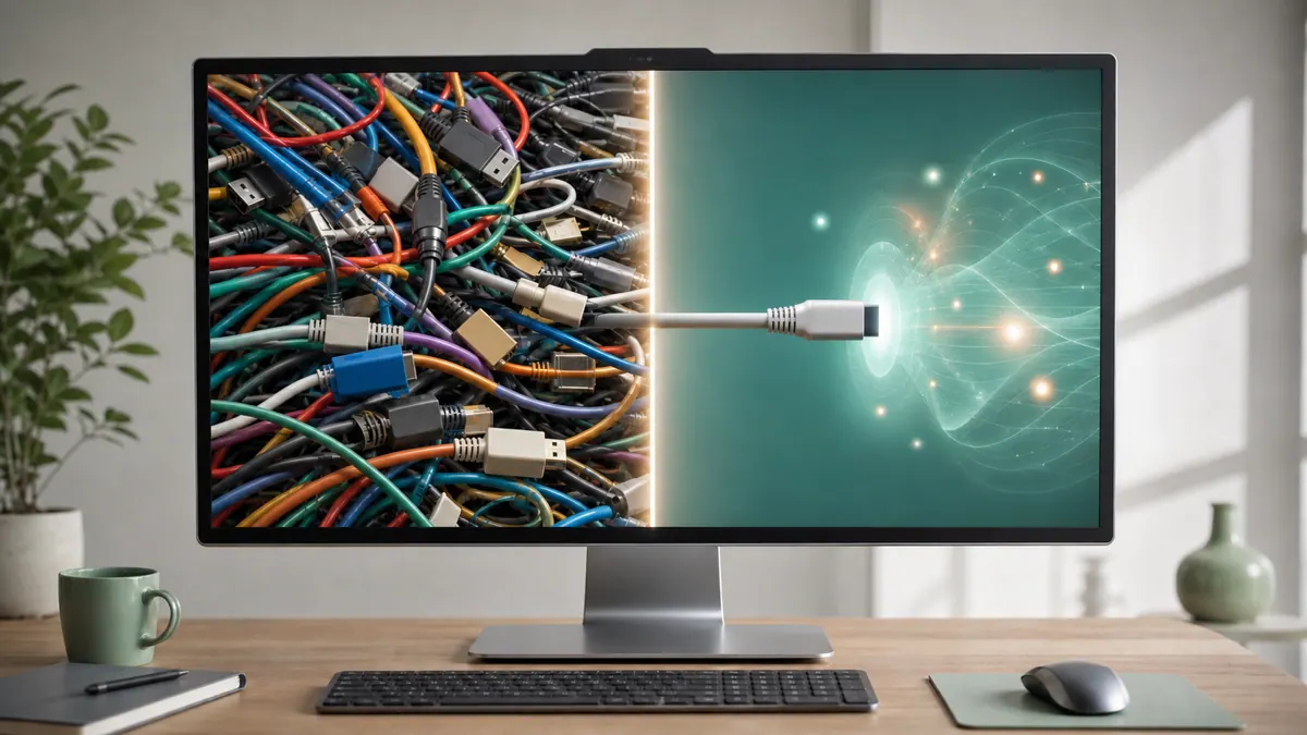 A side-by-side comparison: on the left many mismatched API cables tangled together, on the right one clean standardized MCP port feeding an AI assistant