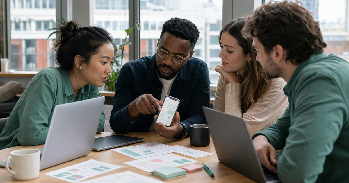 A UK product team reviewing a mobile app prototype on a phone