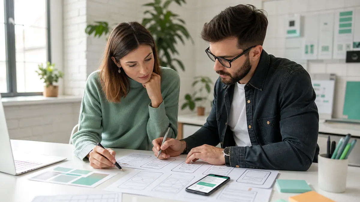 A designer and developer reviewing app wireframes and a phone prototype together