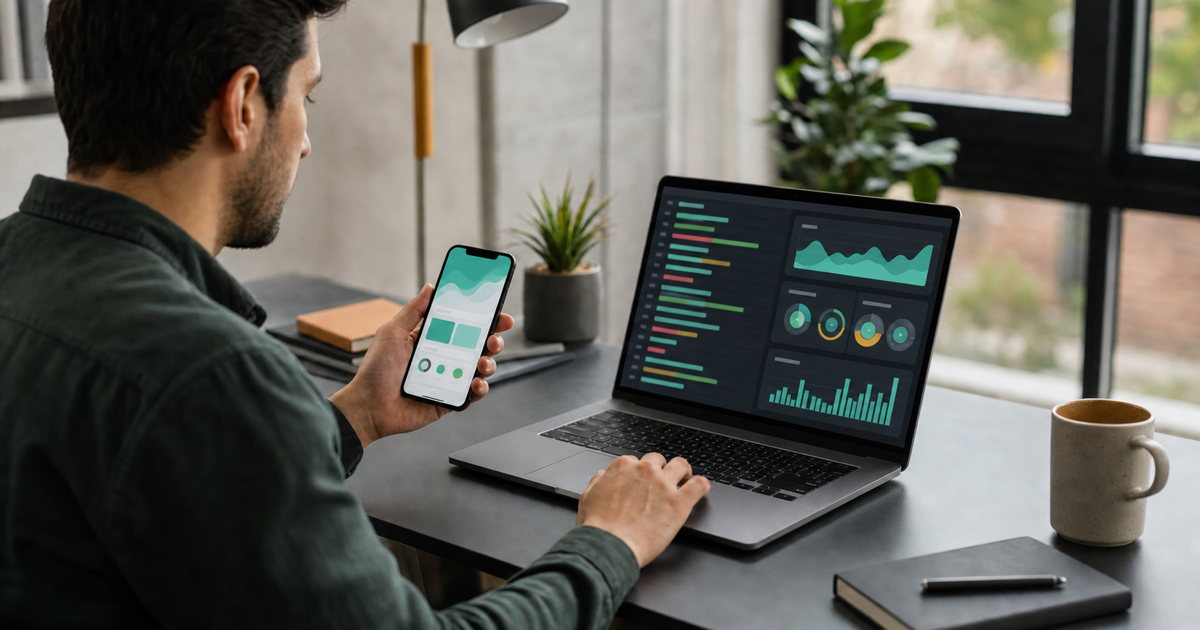 A developer maintaining a mobile app on a phone and laptop with analytics visible