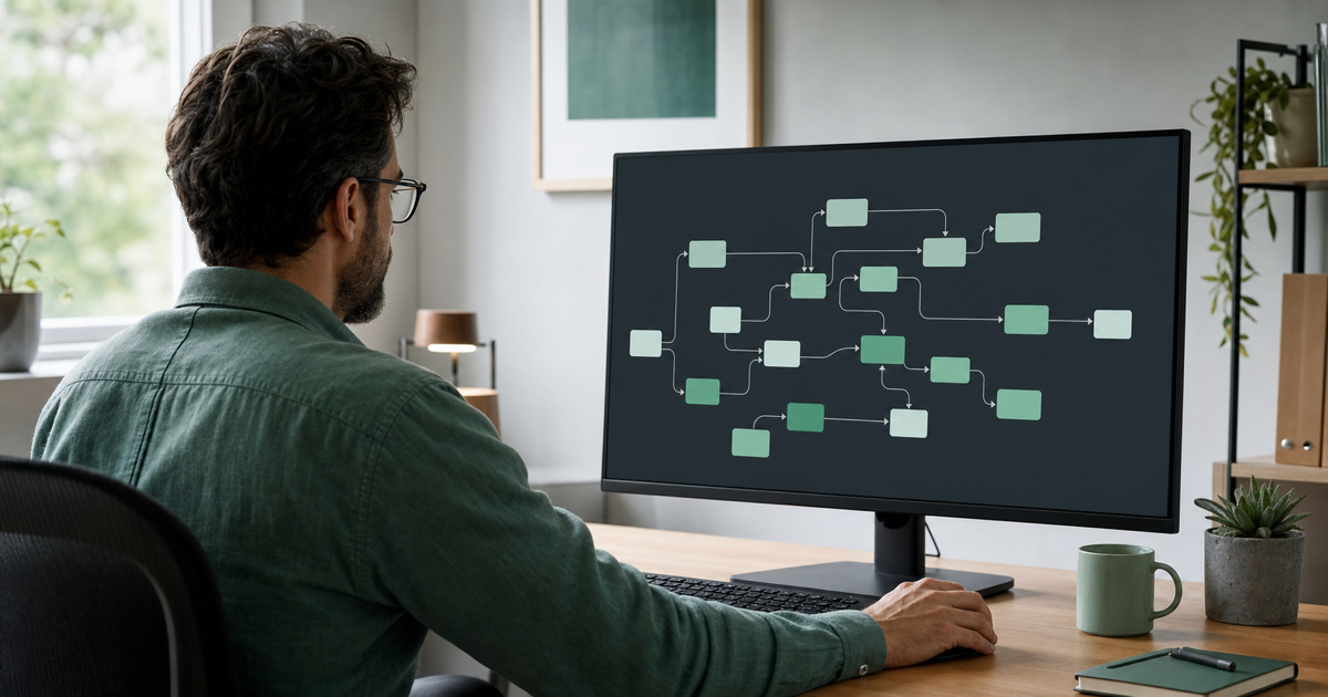 An automation consultant building a self-hosted n8n workflow on a large monitor