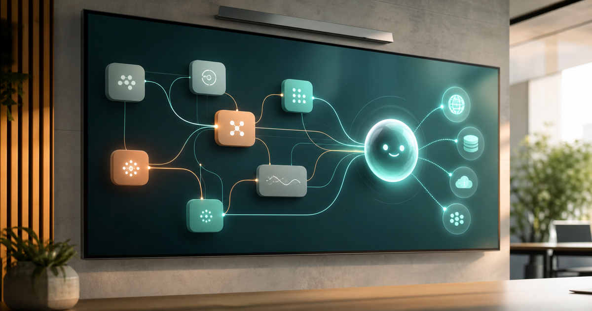 A workflow automation canvas connected to an AI agent as callable tools