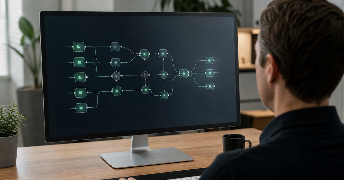 A workflow automation canvas with connected nodes on a screen