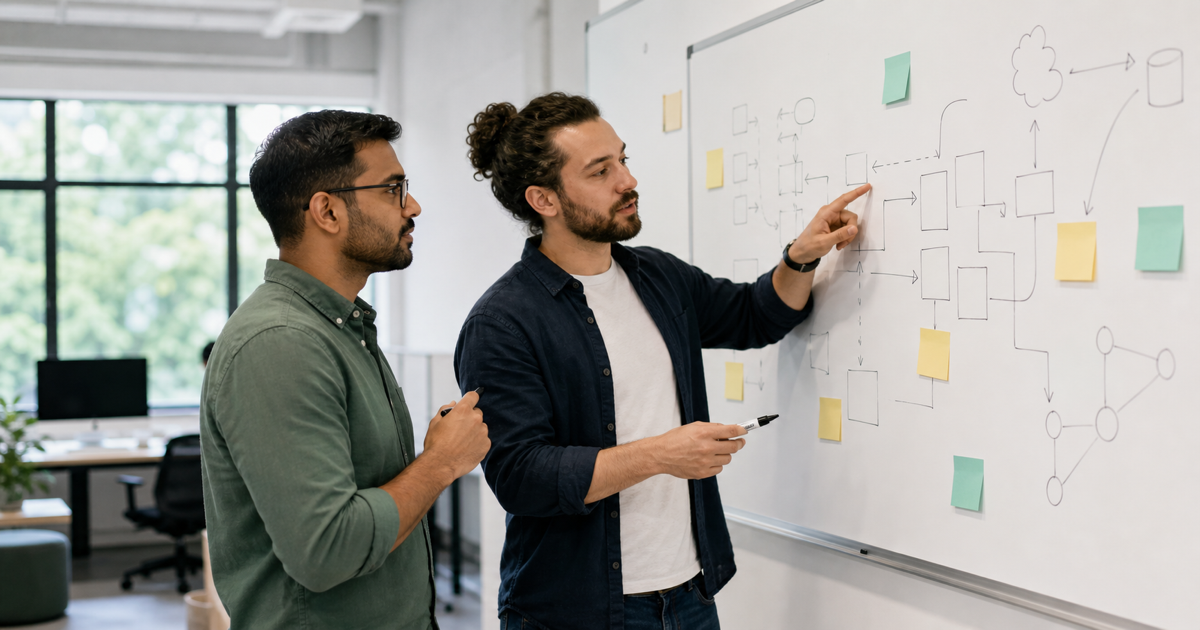 Two developers comparing web framework architecture on a whiteboard