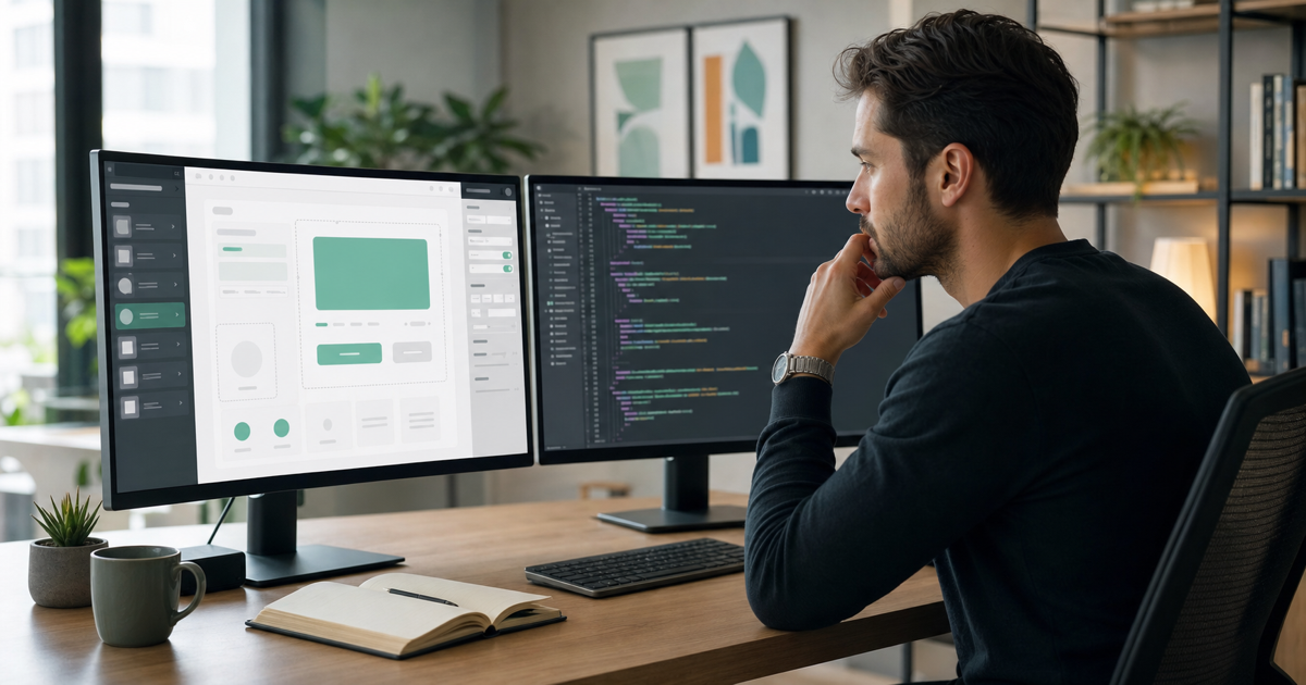 A founder weighing two paths at a desk with a visual builder on one screen and code on another